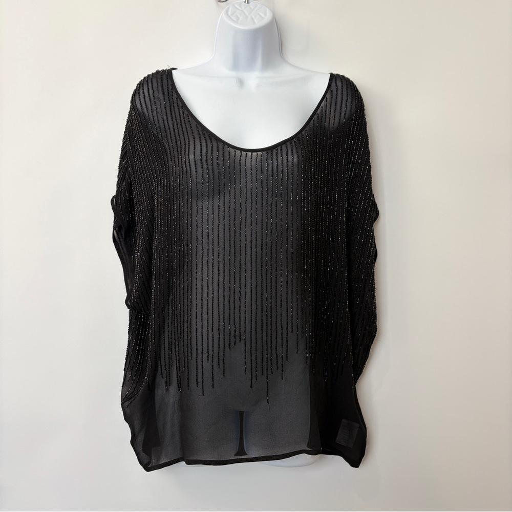 Joie Black Beaded Sheer Silk Tunic Blouse Top Party Evening Size Large‎